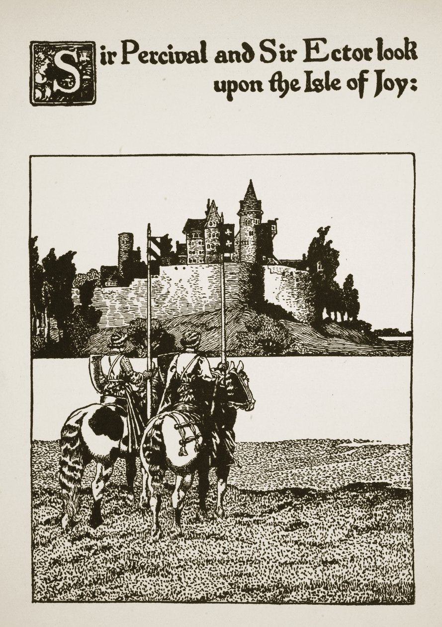 Sir Percival e Sir Ector olham para a Ilha da Alegria, ilustração de "A História de Sir Lancelotte e seus Companheiros", 1907 de Howard Pyle