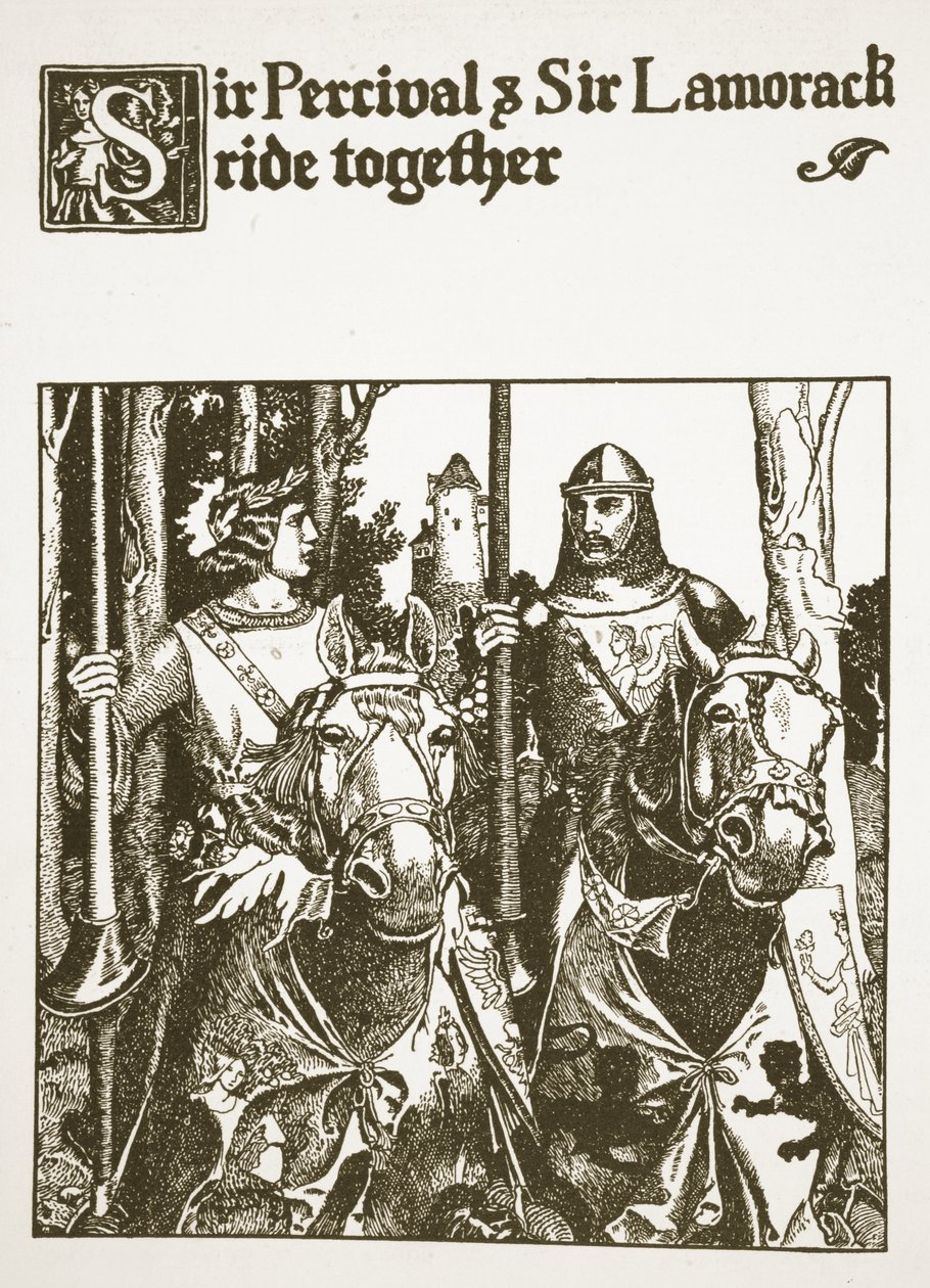 Sir Percival e Sir Lamorack andam juntos, ilustração de "A História dos Campeões da Mesa Redonda" de Howard Pyle