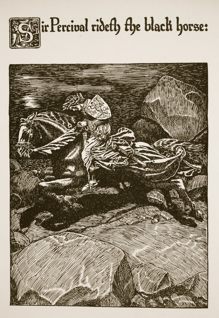 Sir Percival monta o cavalo negro, ilustração de "A história do Graal e a passagem de Arthur", c.1910 de Howard Pyle