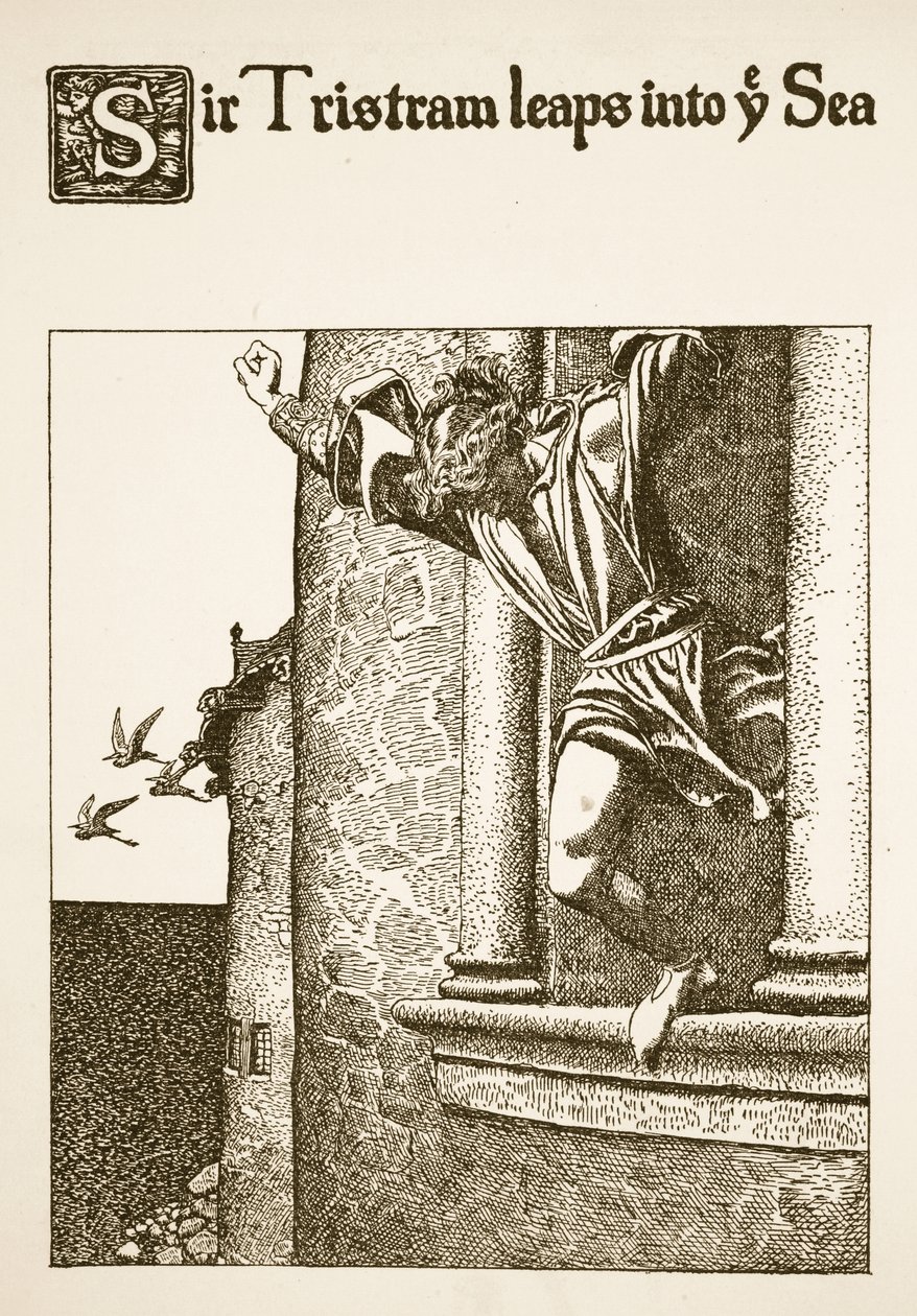 Sir Tristram salta para o mar, ilustração da "História dos Campeões da Mesa Redonda" de Howard Pyle