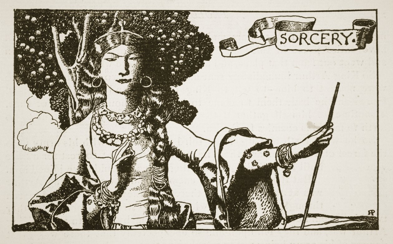 Feitiçaria, ilustração de "A História do Rei Arthur e seus Cavaleiros", 1903 de Howard Pyle