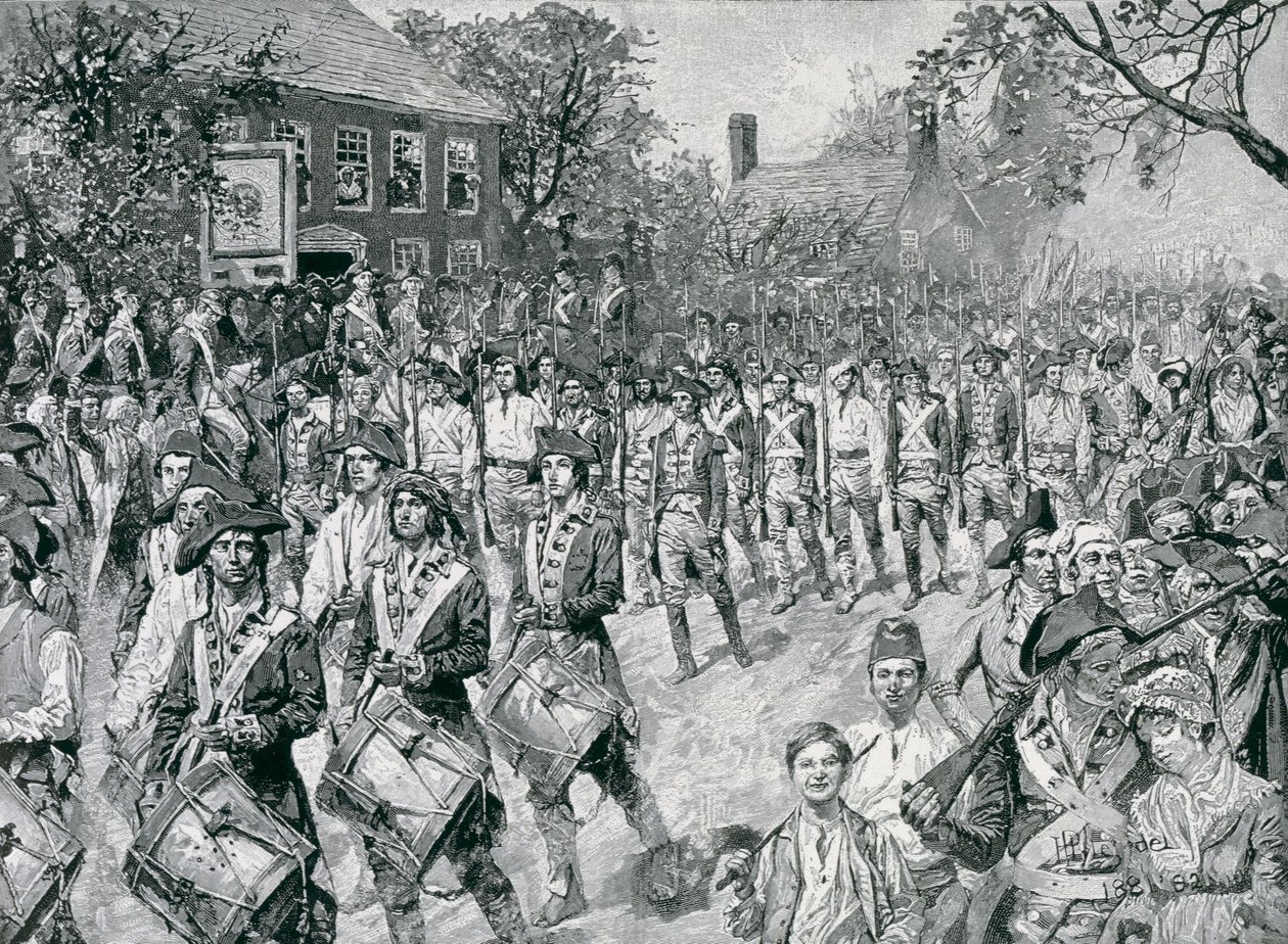 O exército continental que marcha abaixo do Bowery velho, New York, o 25 de novembro de 1783, ilustração "da evacuação, 1783" por Eugene Lawrence, bar. em Harper&39;s Weekly, 24 de novembro de 1883 de Howard Pyle