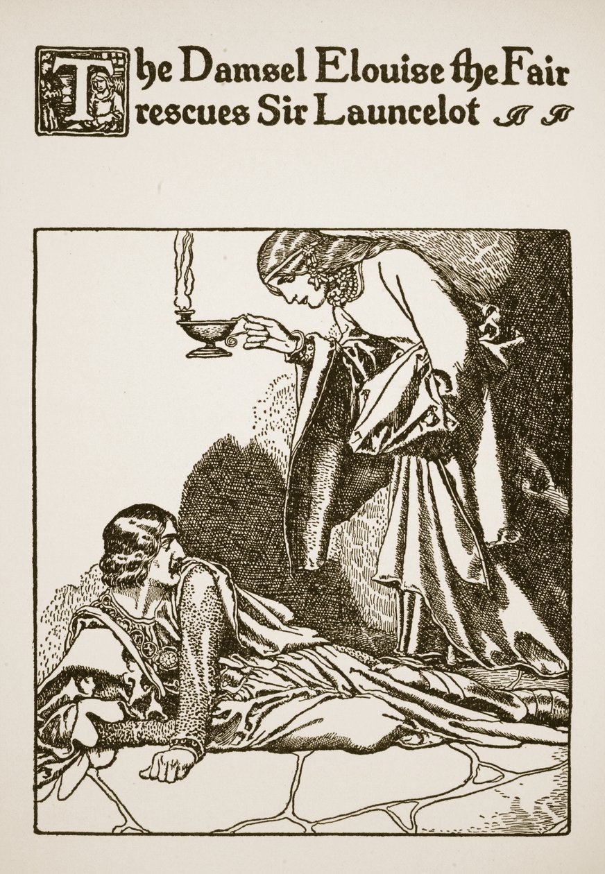 A Donzela Elouise, a Feira, resgata Sir Lancelote, ilustração de "A História de Sir Lancelotte e seus Companheiros", 1907 de Howard Pyle