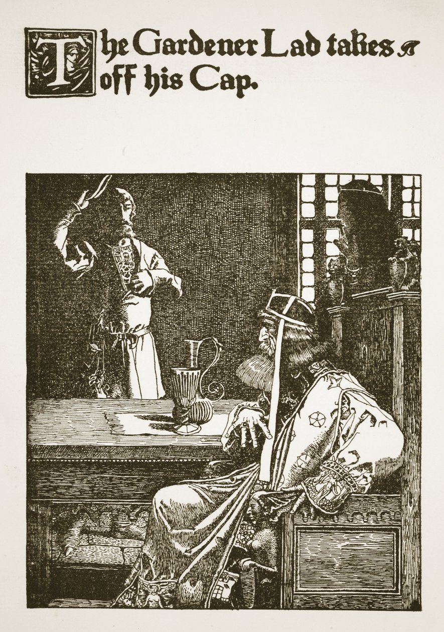 O jardineiro rapaz tira seu boné, ilustração de &39;a história do rei Arthur e seus cavaleiros&39;, 1903 de Howard Pyle