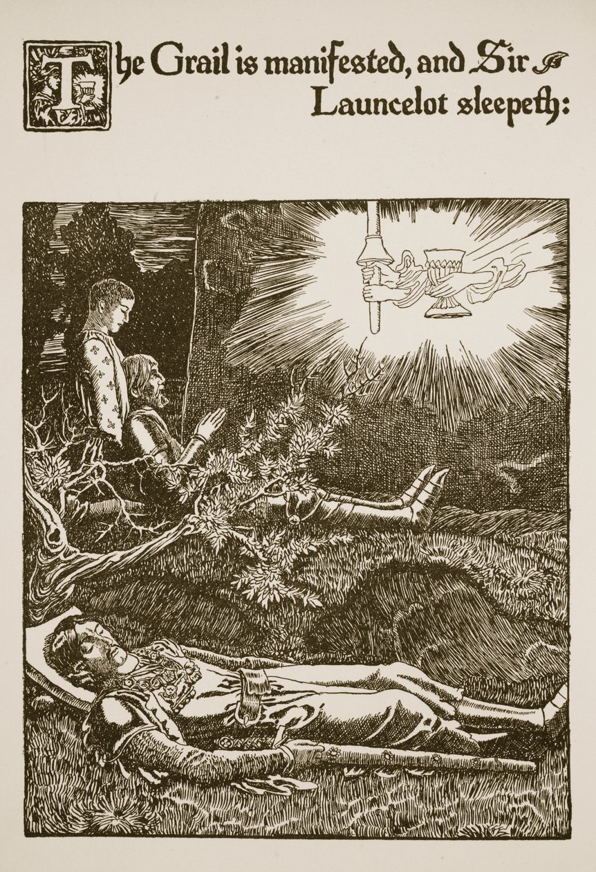 O Graal se manifesta e Sir Lancelote dorme, ilustração de "A História do Graal e a Passagem de Arthur", c.1910 de Howard Pyle