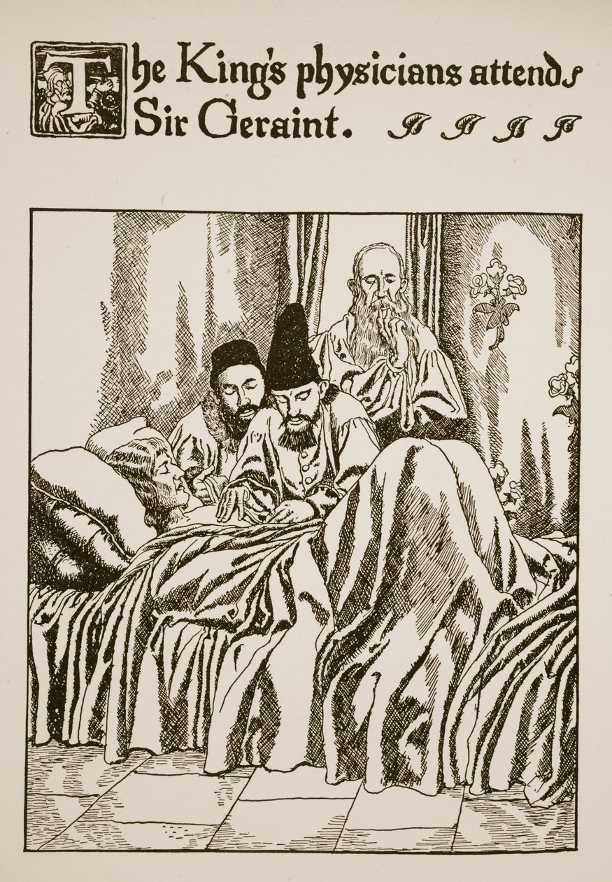 Os médicos do rei assistem a Sir Geraint, ilustração de "A História do Graal e a Passagem de Arthur", c.1910 de Howard Pyle