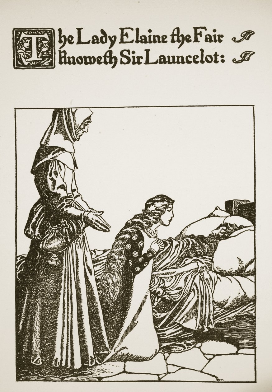 A Senhora Elaine, a Feira, conhece Sir Lancelote, ilustração de "A História de Sir Lancelotte e seus Companheiros", 1907 de Howard Pyle