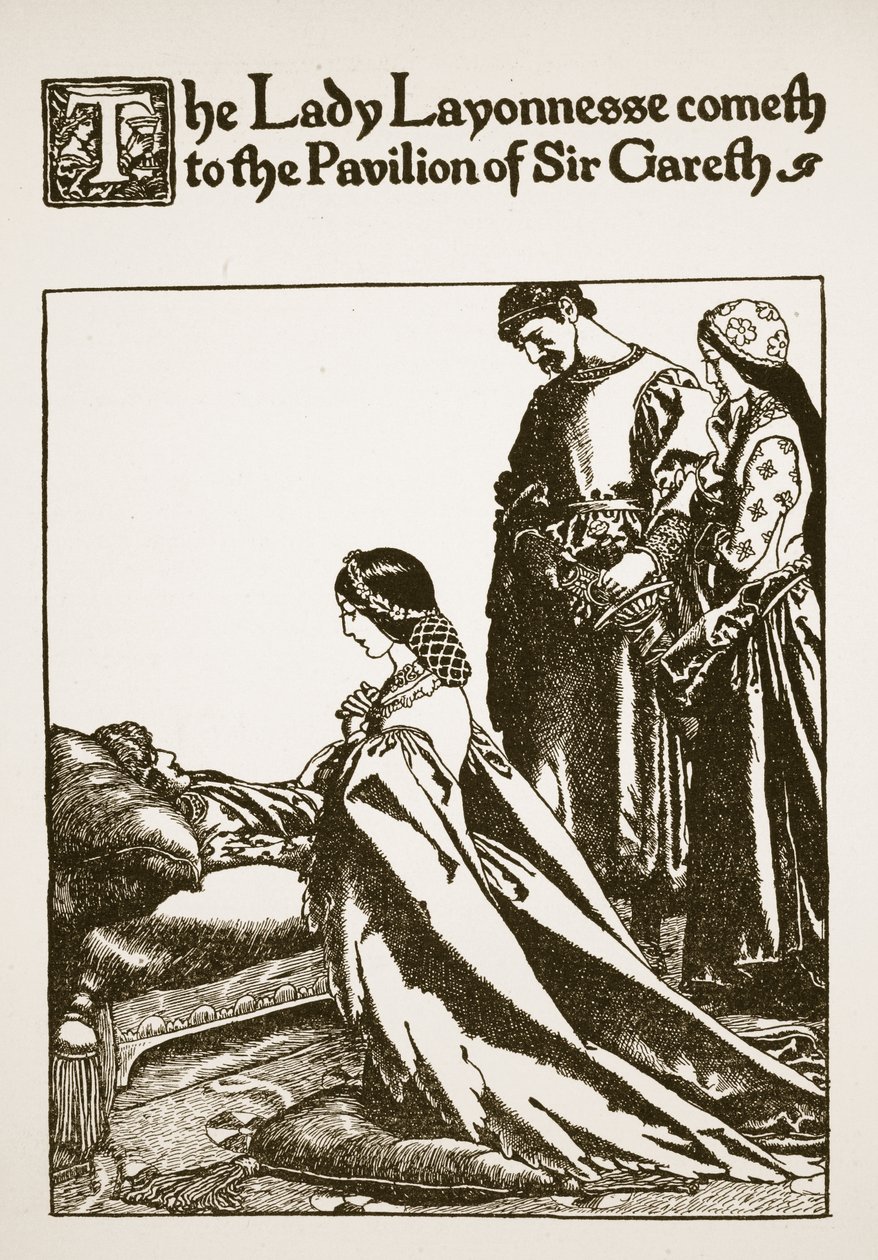 A Senhora Layonnesse chega ao Pavilhão de Sir Gareth, ilustração de "A História de Sir Lancelotte e seus Companheiros", 1907 de Howard Pyle
