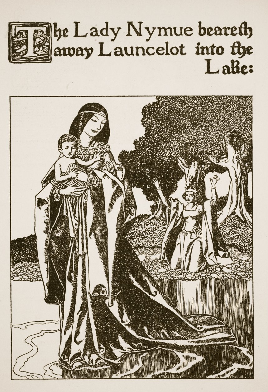 A Senhora Nymue leva para longe a Lancelote no lago, ilustração de "A História dos Campeões da Mesa Redonda" de Howard Pyle