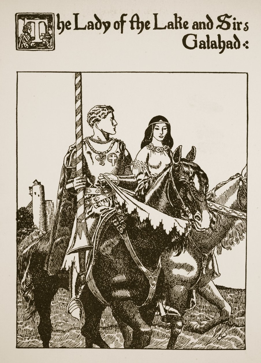 A Senhora do Lago e Sir Galahad, ilustração de "A História do Graal e a Passagem de Arthur", c.1910 de Howard Pyle