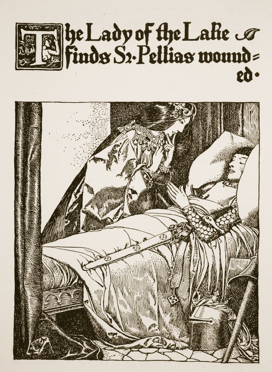 A Senhora do Lago encontra Sir Pellias ferido, ilustração de "A História do Rei Arthur e seus Cavaleiros", 1903 de Howard Pyle