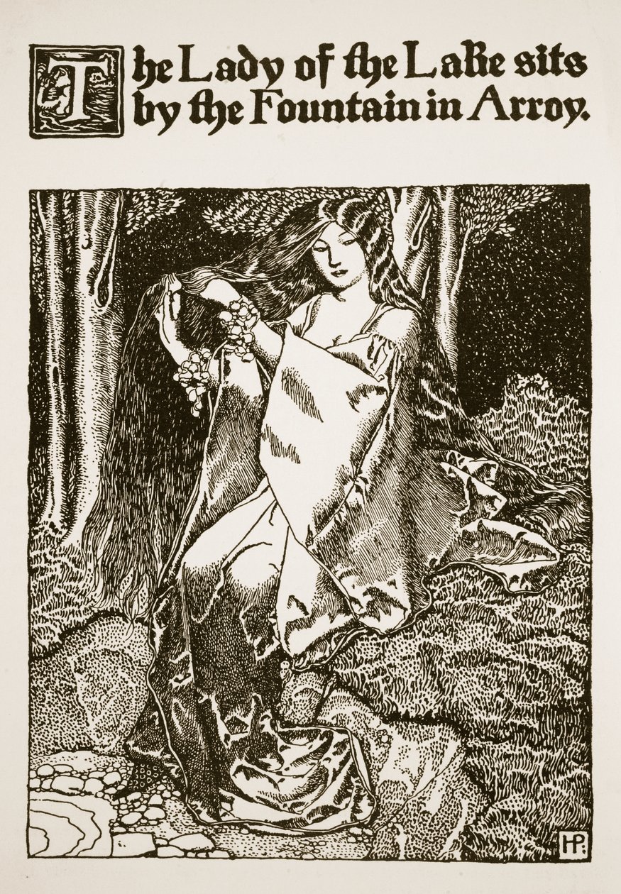 A Senhora do Lago fica perto da Fonte em Arroy, ilustração de "A História do Rei Arthur e seus Cavaleiros", 1903 de Howard Pyle