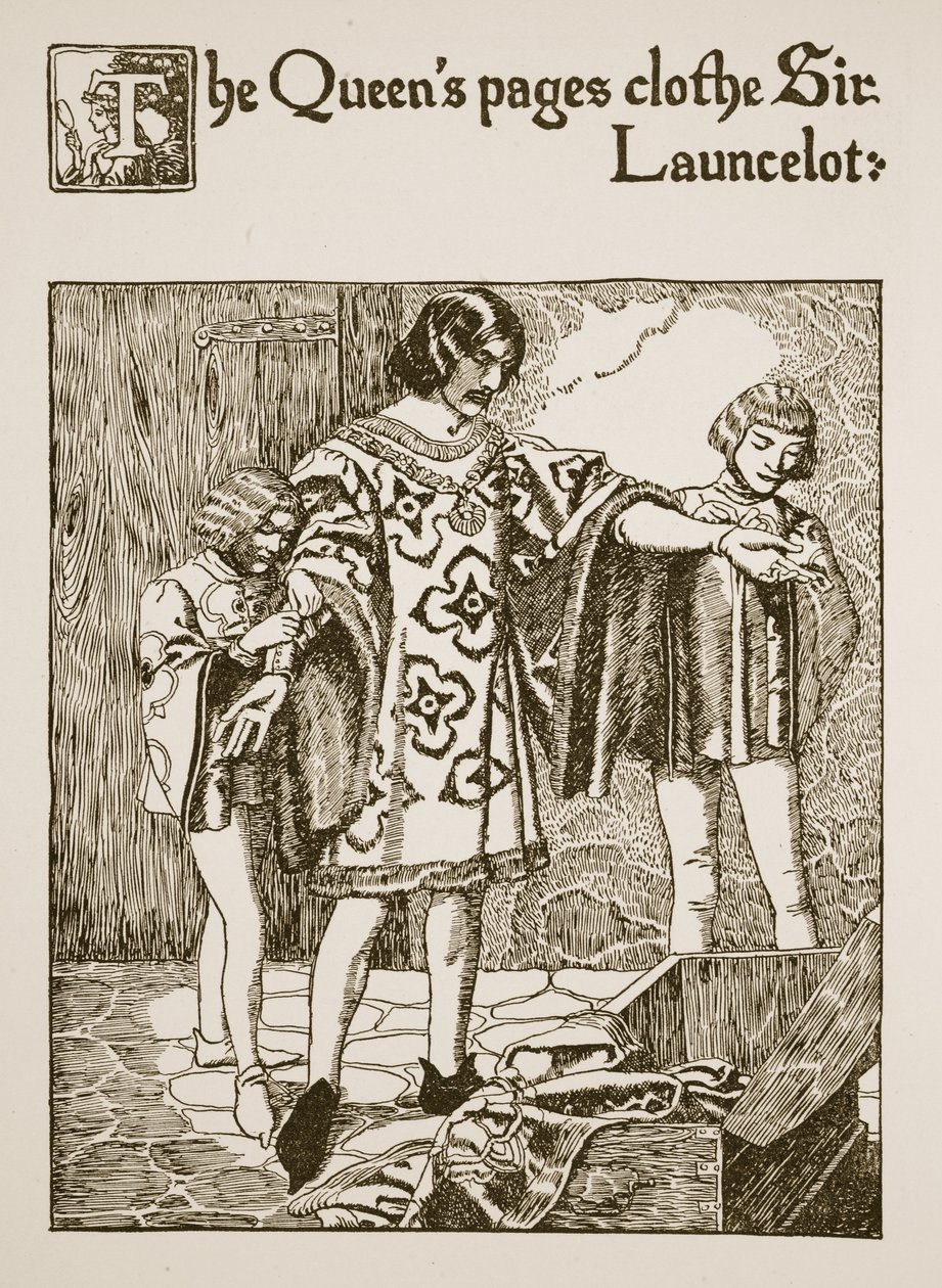 As páginas da rainha vestem Sir Lancelote, ilustração de "A História do Graal e a Passagem de Arthur", c.1910 de Howard Pyle