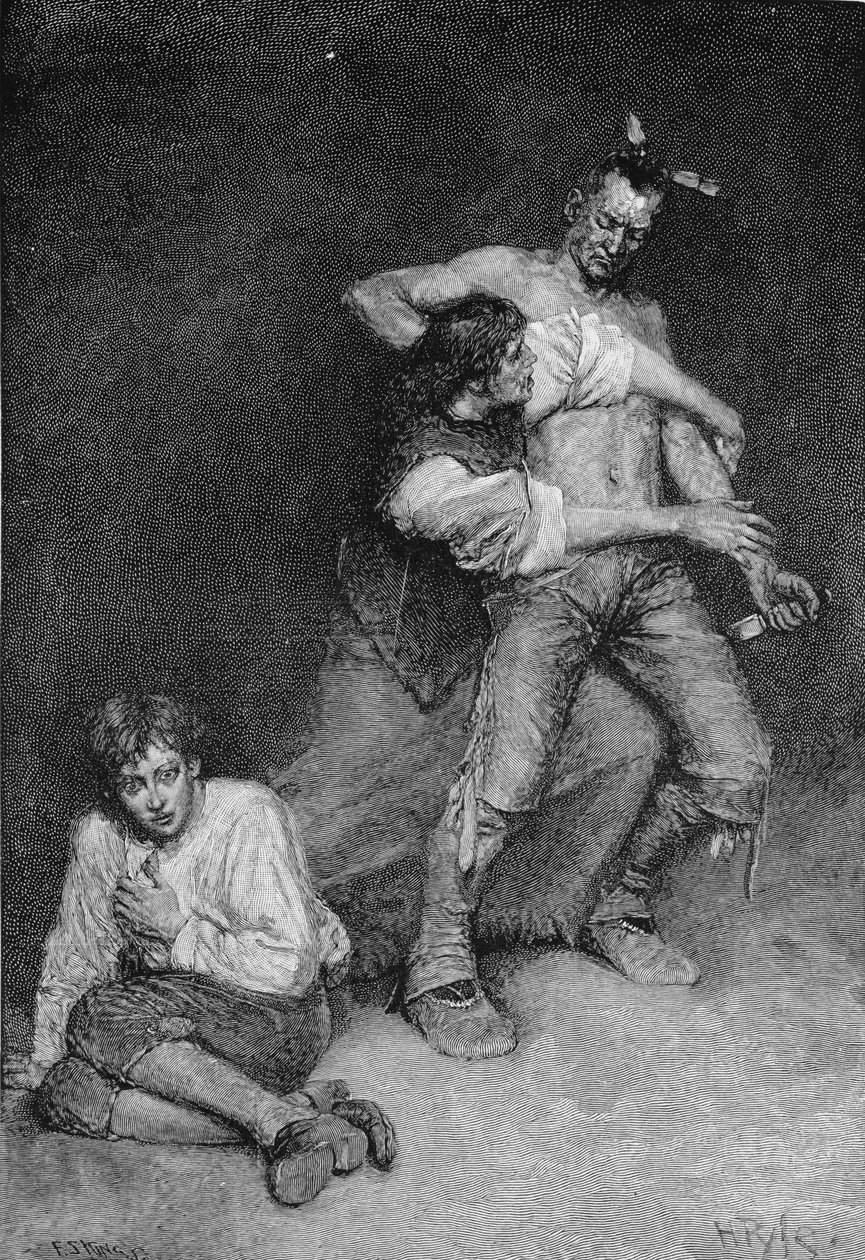 A mulher virou ferozmente sobre o cacique, gravado por Francis Scott King, ilustração "da entrada do sul aos Alleghanies" por Edmund Kirke, bar. na revista Harper, 1887 de Howard Pyle