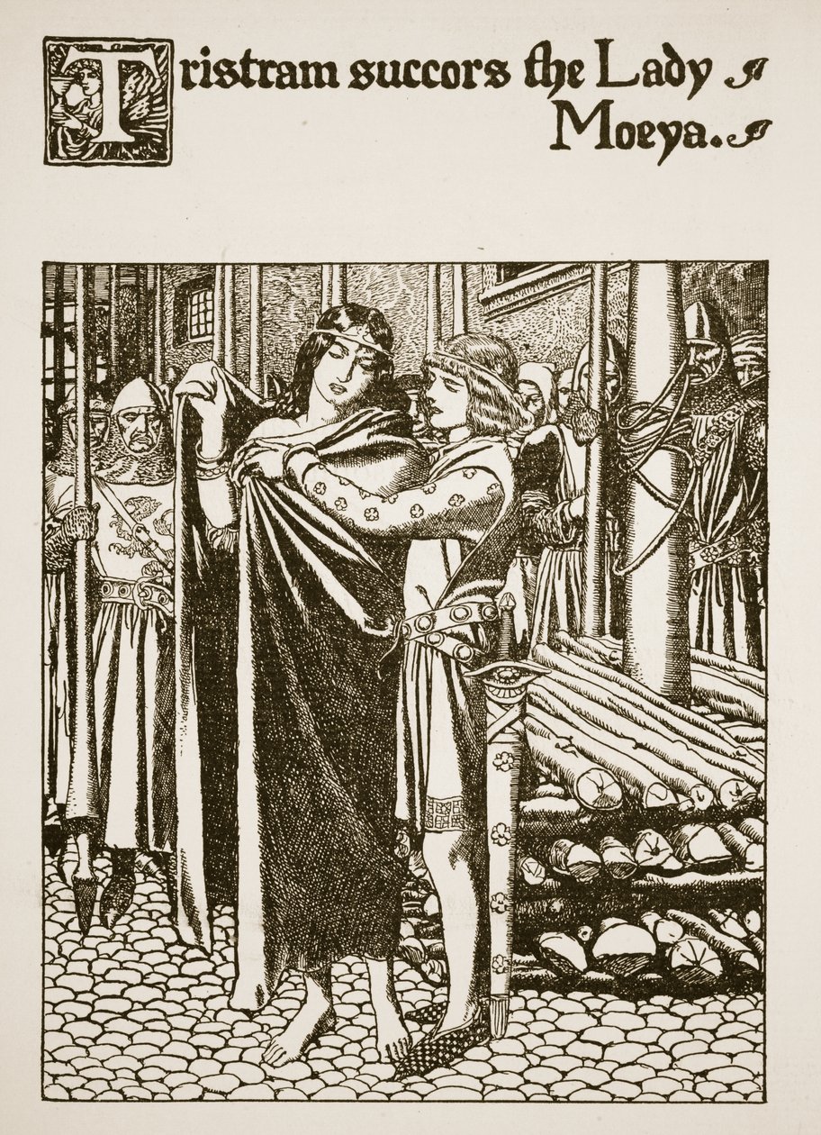 Tristram socorre a Senhora Moeya, ilustração de "A História dos Campeões da Mesa Redonda" de Howard Pyle
