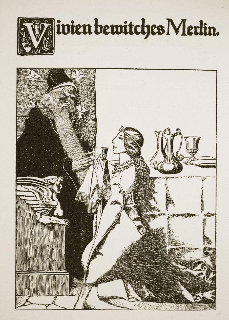 Vivien enfeitiça Merlin, ilustração de "A História do Rei Arthur e seus Cavaleiros", 1903 de Howard Pyle