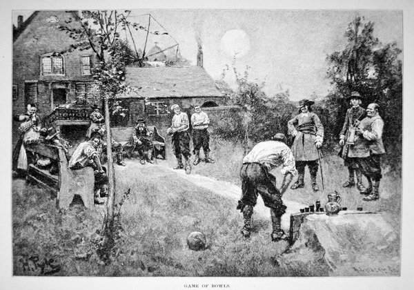 Um jogo de taças na América colonial do século XVII (litho) de Howard (after) Pyle