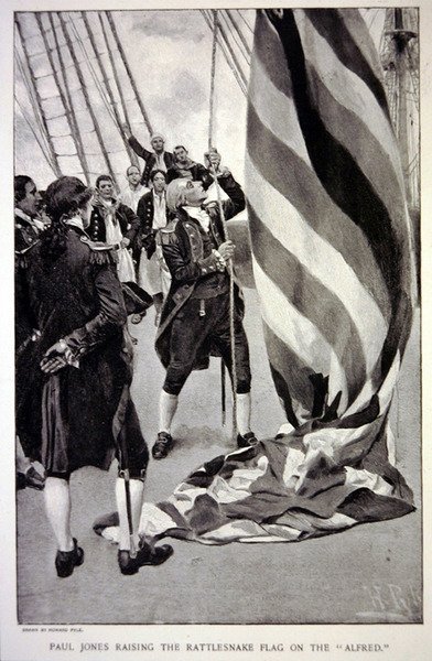 John Paul Jones erguendo a bandeira da cascavél americana sobre o Alfred (litho) de Howard (after) Pyle