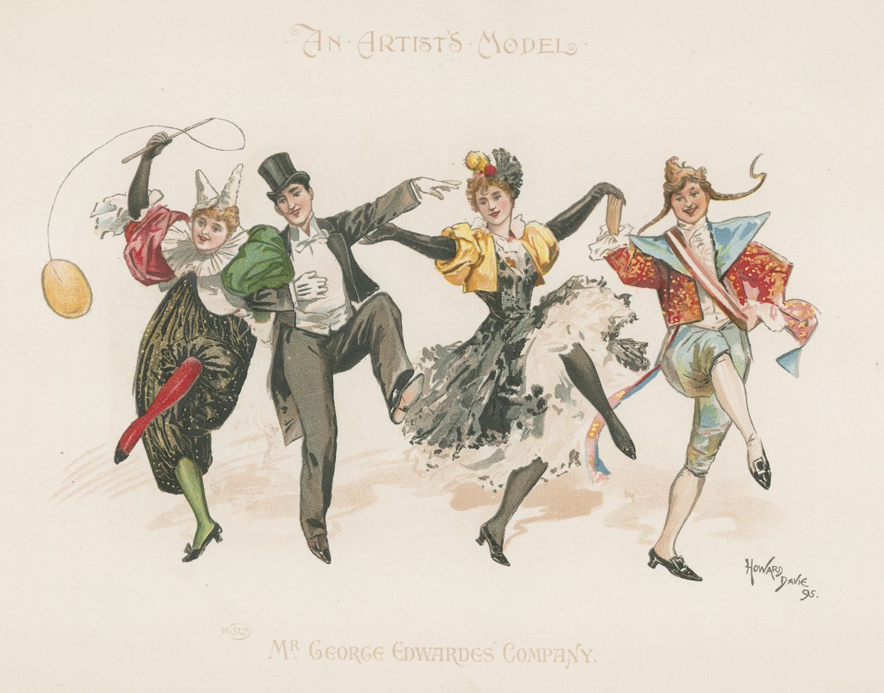 Um grupo de dois homens e duas mulheres, todos vestidos a rigor, a dançar (litografia a cores) de Howard Davie