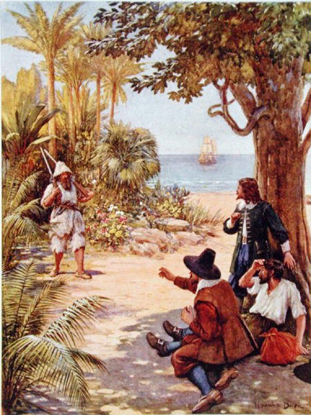 Crusoé aparece perante o capitão do navio, ilustração de "Robinson Crusoé" de Daniel Defoe (1660-1731) (cor litho) de Howard Davie