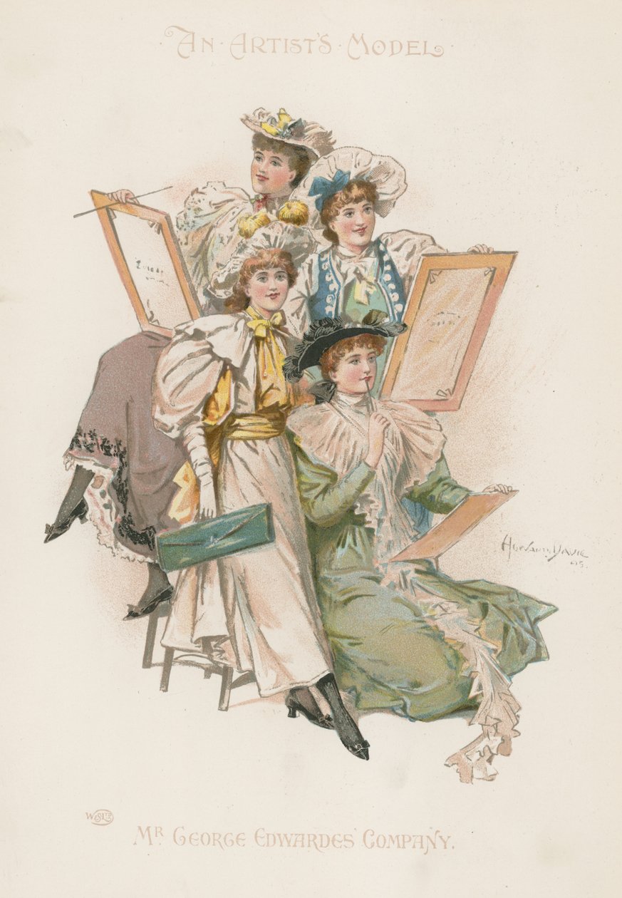 Grupo de quatro mulheres bem vestidas segurando pranchetas de desenho (litografia a cores) de Howard Davie