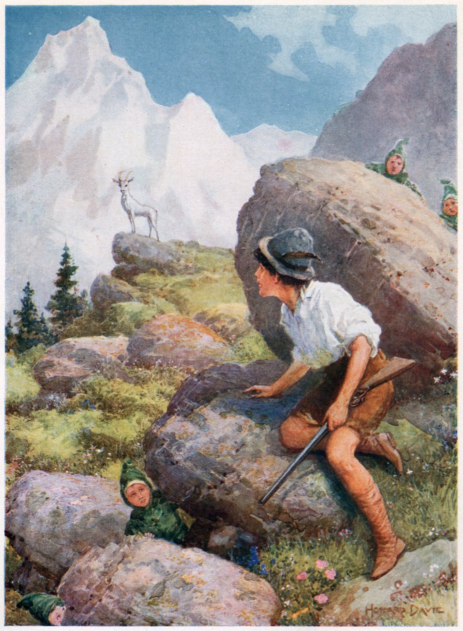 "Ele viu Slatarog de pé num pico", dos Contos de Fadas italianos, de Lilia E. Romano, publicado por Raphael Tuck & Sons (cor litho) de Howard Davie