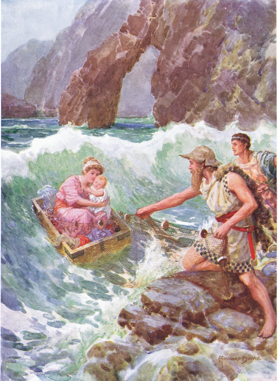 "Ele desenhou-a e ao bebé a salvo sobre um parapeito de pedra", ilustração de "Como Perseu e a sua Mãe chegaram a Serifos", de The Heroes of Greek Fairy Tales, de Charles Kingsley (1819-75) (cor litho) de Howard Davie
