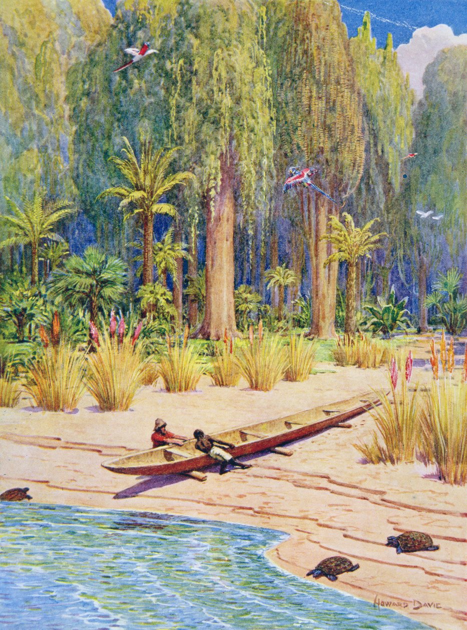 Lançamento da canoa, ilustração para "Robinson Crusoe" de Daniel Defoe (1660-1731) (cor litho) de Howard Davie