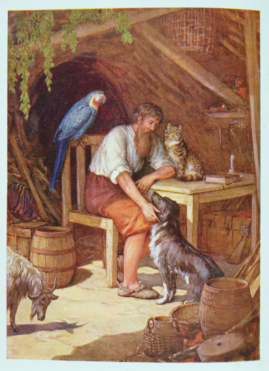 Robinson Crusoé na sua Hut, ilustração de "Robinson Crusoé" de Daniel Defoe (1660-1731) (cor litho) de Howard Davie