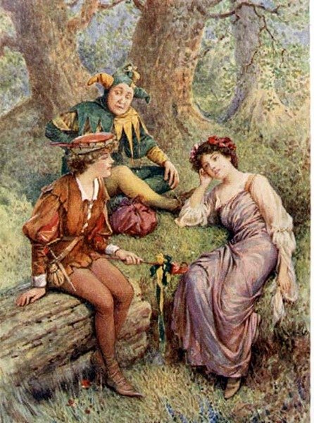 Rosalind, Celia e Touchstone em "As You Like It" de 