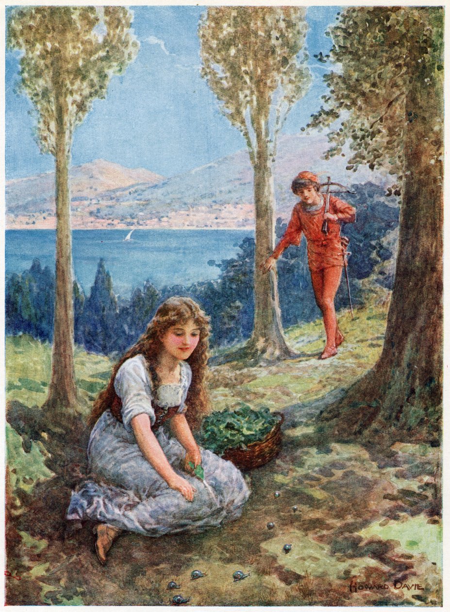 "De repente parou e olhou em êxtase", dos Contos de Fadas italianos, de Lilia E. Romano, publicado por Raphael Tuck & Sons (cor litho) de Howard Davie