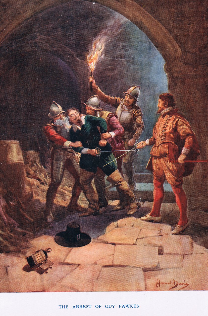 A prisão de Guy Fawkes, ilustração de "Madame Tussauds" (cor litho) de Howard Davie