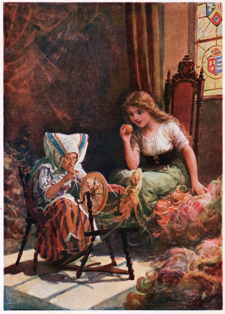 Milhares de meadas da seda mais macia", dos Contos de Fadas italianos, de Lilia E. Romano, publicado por Raphael Tuck & Sons (cor litho) de Howard Davie
