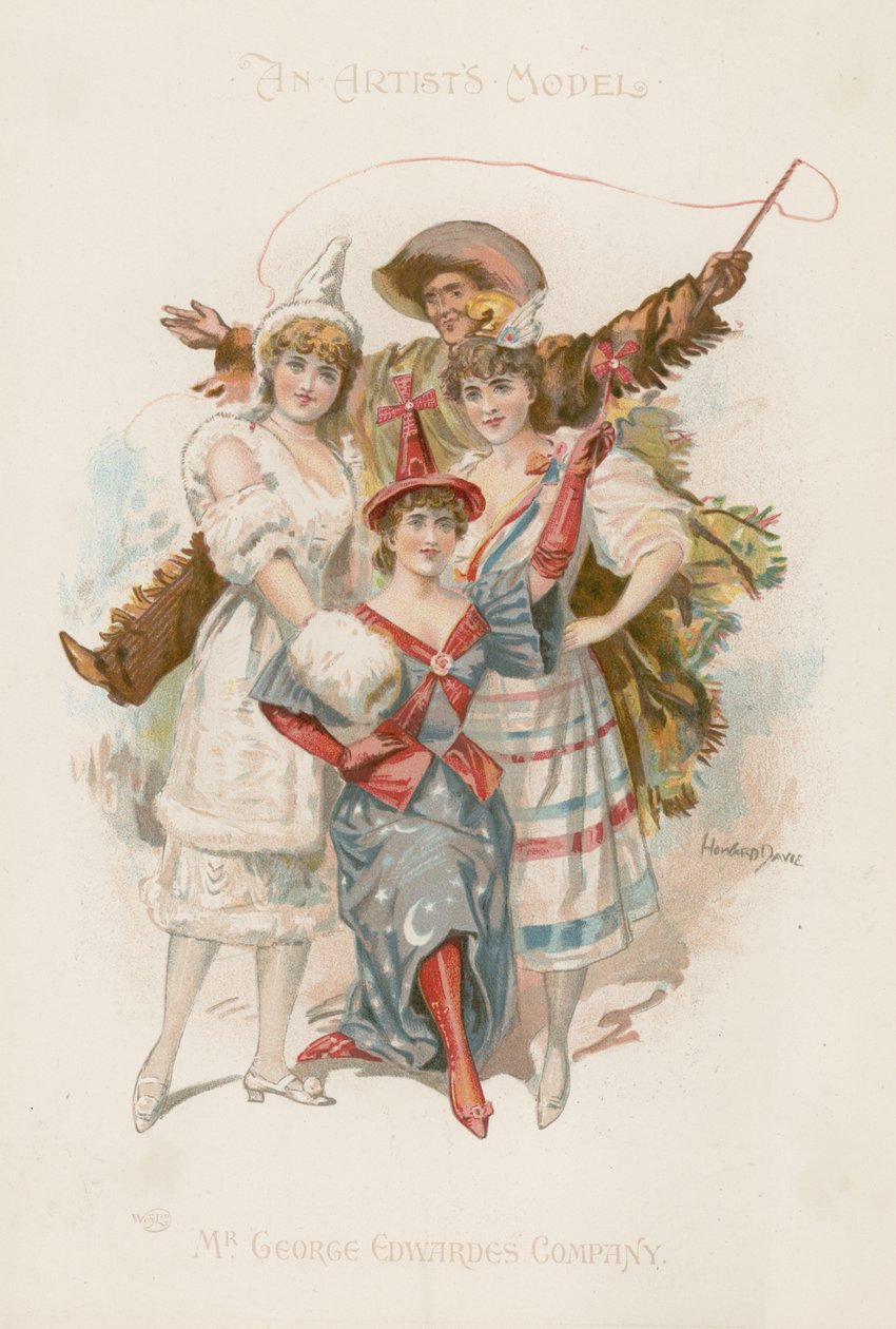 Três bailarinas de fato com um homem a segurar um chicote (litografia a cores) de Howard Davie