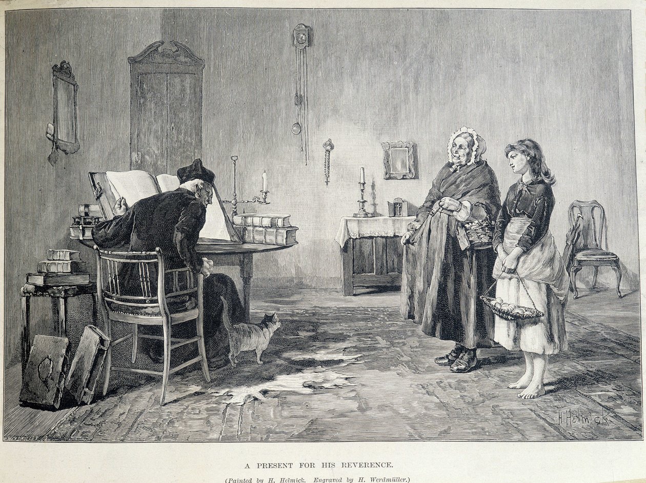 Duas mulheres irlandesas trazem um presente a uma religiosa. Gravura de H. Werdmuller após a pintura de H. Helmick no século XIX. de Howard Helmick