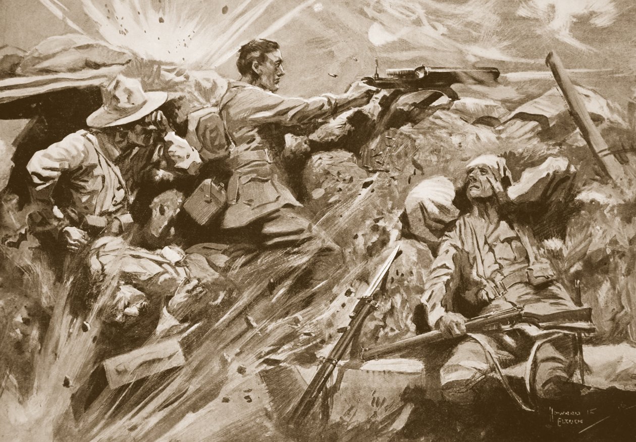 O soldado Cooke continua a disparar sua metralhadora depois que todos os membros da equipe de armas foram mortos ou feridos. de Howard K. Elcock