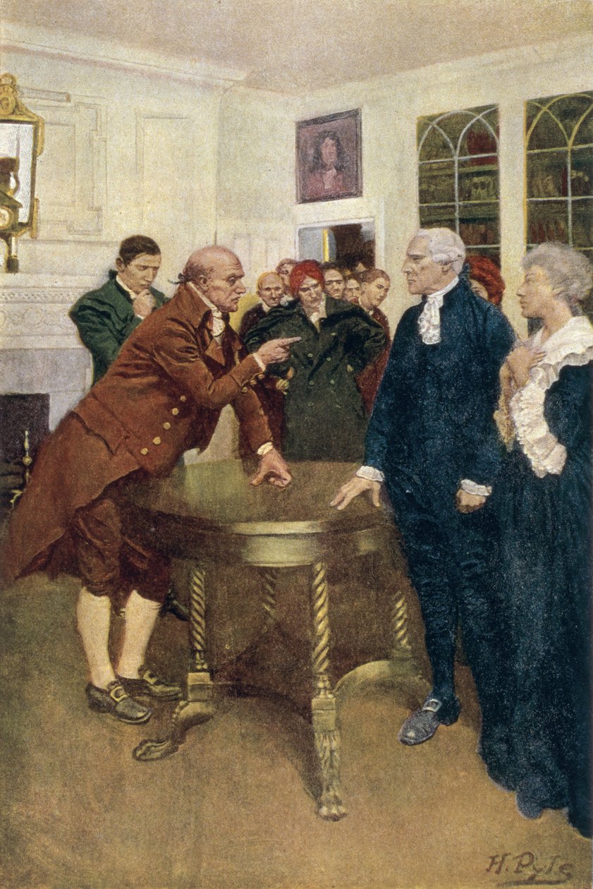 Um comitê dos patriotas que entrega um ultimato ao conselheiro de um rei, ilustração "de um sinal do céu" pelo rei da manjericão, bar. na revista Harper, 1908 de Howard Pyle
