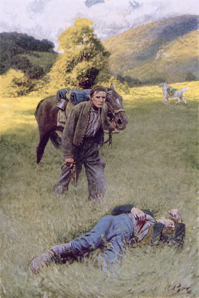 Um duelo só no meio de um grande campo ensolarado, ilustração de Rowand Por William Gilmore Beymer, bar. na Harper&39;s Magazine, junho de 1909 de Howard Pyle