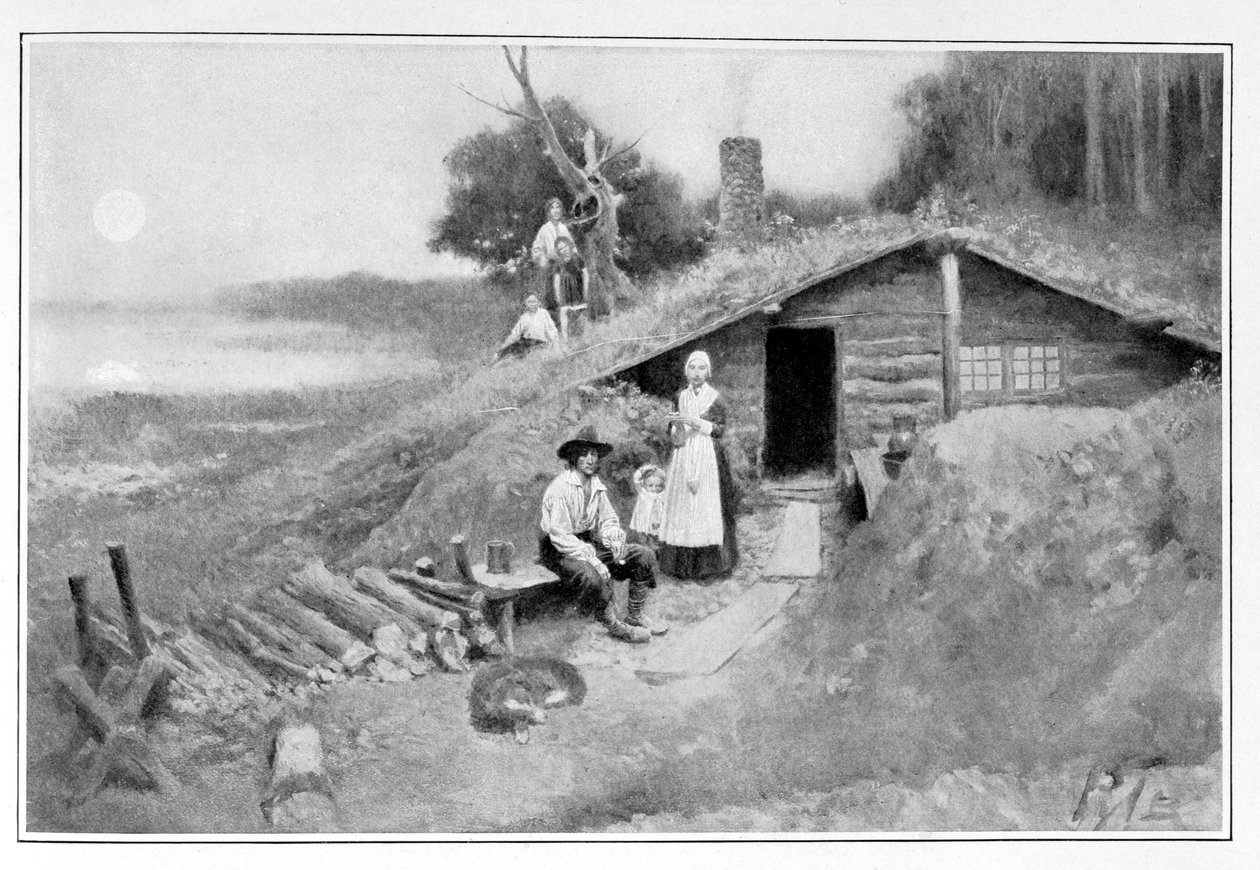 Uma caverna-moradia de Pensilvânia, ilustração das "colônias e nação" por Woodrow Wilson, bar. na revista Harper&39;s, 1901 de Howard Pyle