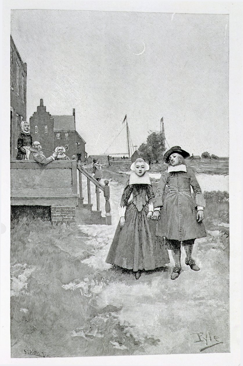 Ao longo do canal em Manhattan velho, ilustração "da evolução de New York" por Thomas A. Janvier, bar. na revista Harper&39;s, 1893 de Howard Pyle