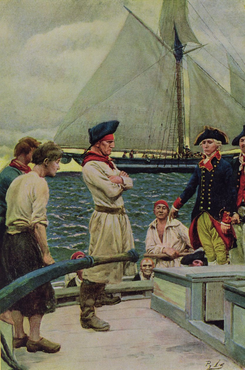 Um corsário americano que toma um prêmio britânico, ilustração do "Desafio Pensilvânia dos Estados Unidos" por Hampton L. Carson, bar. na revista Harper, 1908 de Howard Pyle