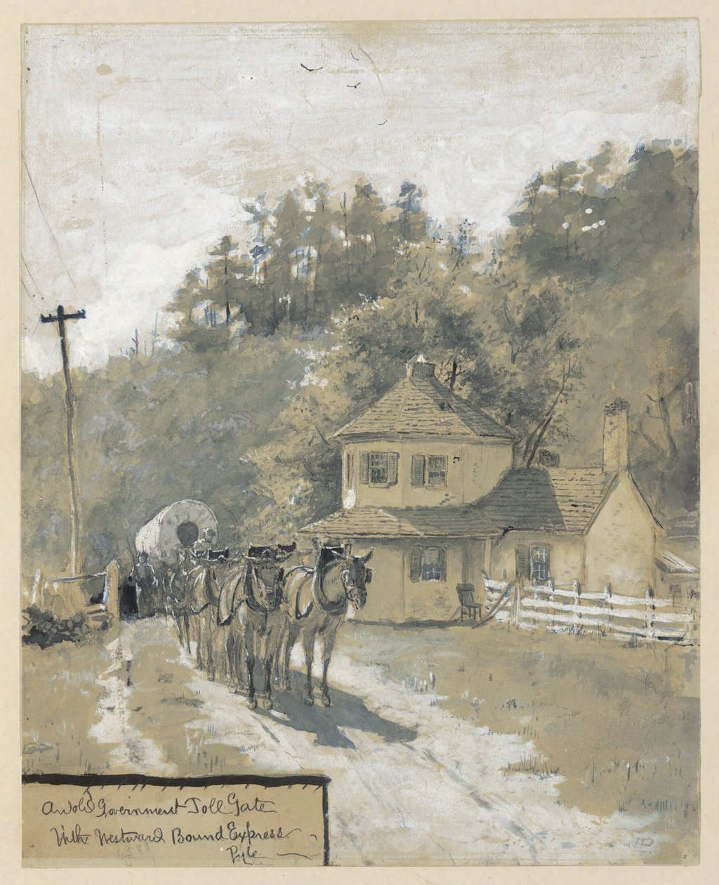 Um antigo portão de pedágio do governo com Westward Bound Express, desenho de uma ilustração para o artigo de Howard Pyle