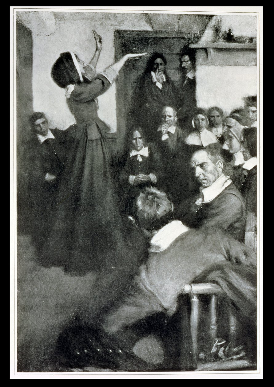 Anne Hutchinson que prega em sua casa em Boston, 1637, ilustração "das colônias e da nação" por Woodrow Wilson, bar. na revista Harper&39;s, 1901 de Howard Pyle