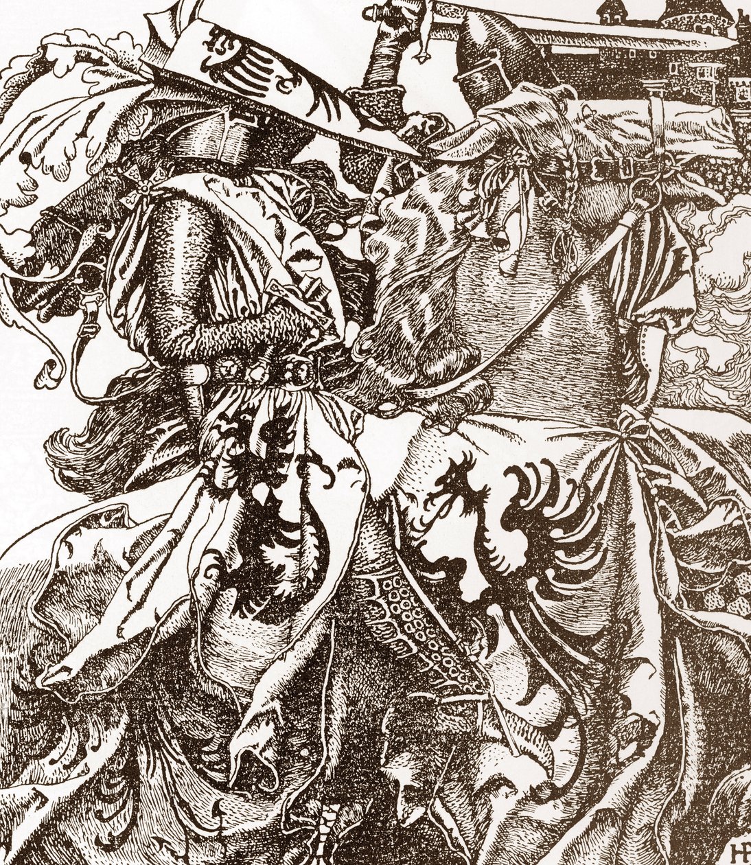 Lenda arturiana: Kay (Keu), cavaleiro da mesa redonda, parte a sua espada num Torneio (Sir Kay, cavaleiro da mesa redonda, parte a sua espada num Torneio) Ilustração de Howard Pyle (1853-1911) de "A história do rei Artur e dos seus cavaleiros" 190 de Howard Pyle