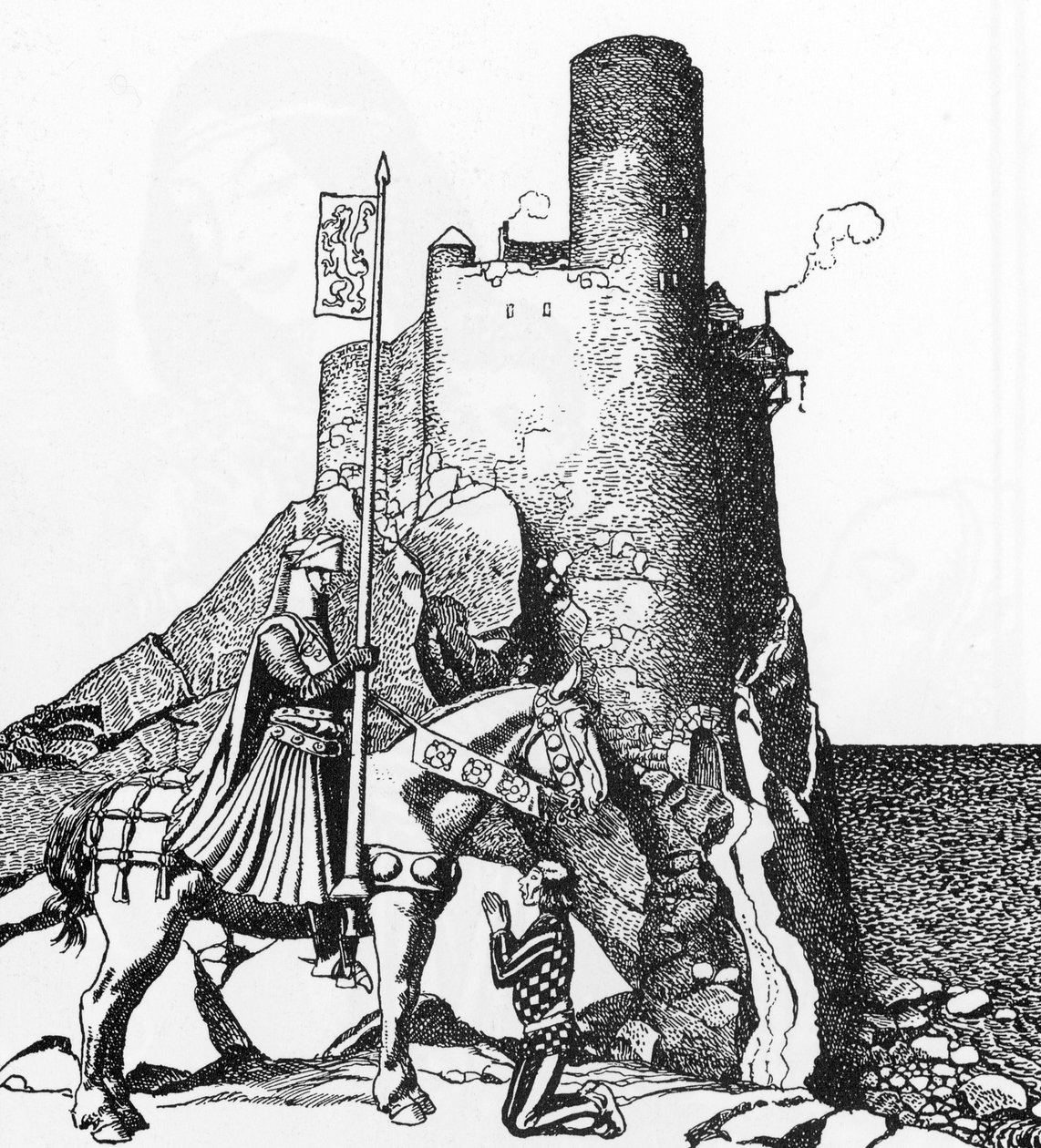 Lenda arturiana: Tristão chegando ao Castelo de Nabon (Sir Tristam chegando ao castelo de Sir Nabon) Ilustração de Howard Pyle (1853-1911) de "The Story of the championpions of the round table" 1905 Colecção privada de Howard Pyle