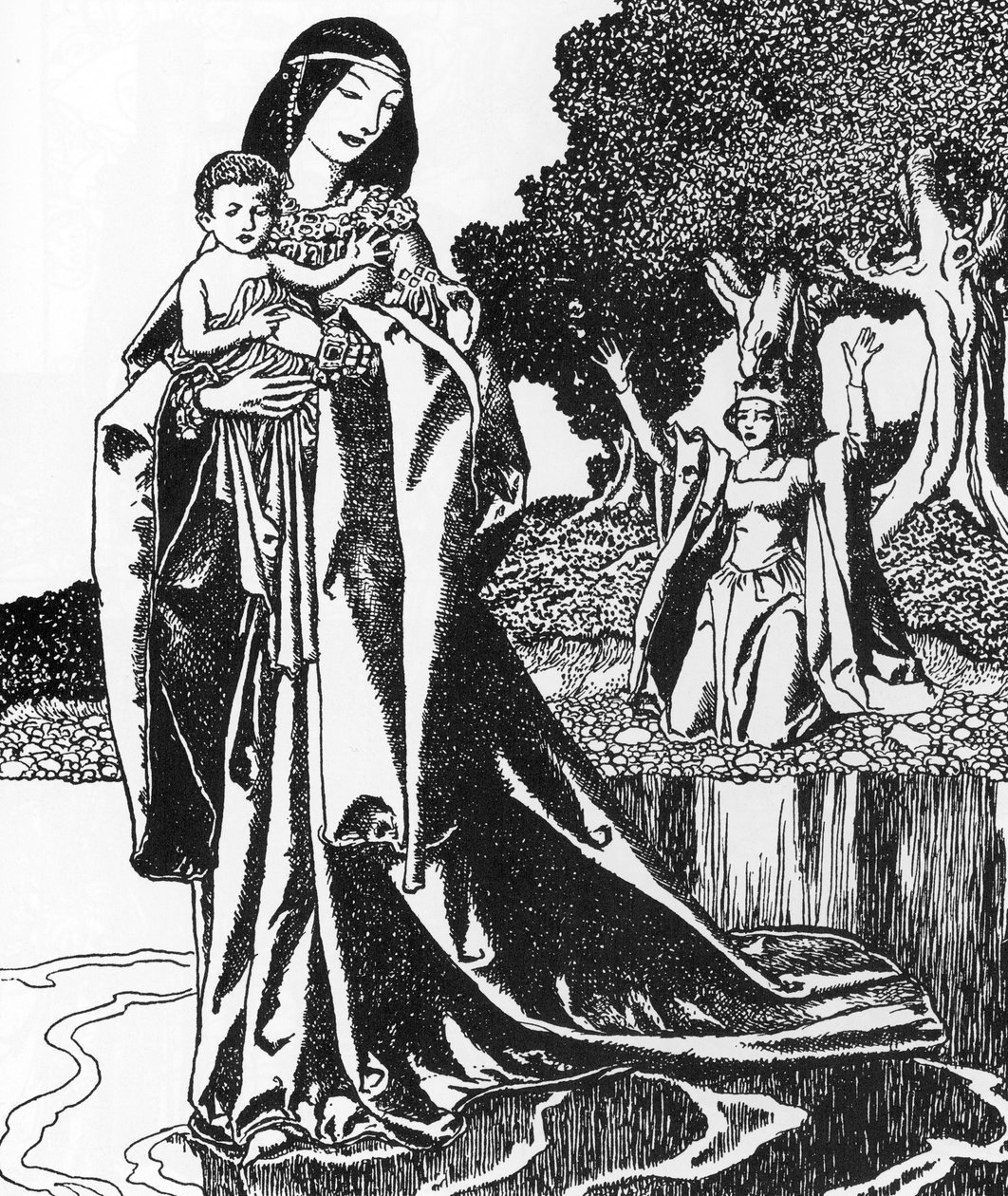 Lenda de Arthurian: la dame du Lac capaz de Lancelot enfant (Lancelot é levada pela Senhora do Lago) Ilustração de Howard Pyle (1853-1911) de "A história dos campeões da mesa redonda" 1903 Colecção privada de Howard Pyle