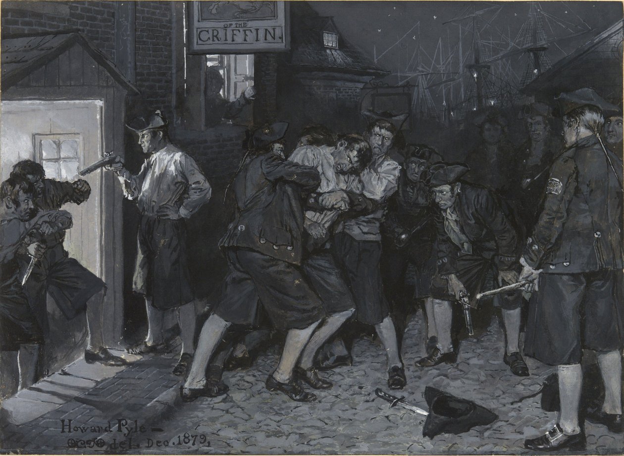 Na insígnia do Grifo, desenho de uma ilustração para o artigo «Antigos cafés de Nova Iorque», de John Austin Stevens de Howard Pyle