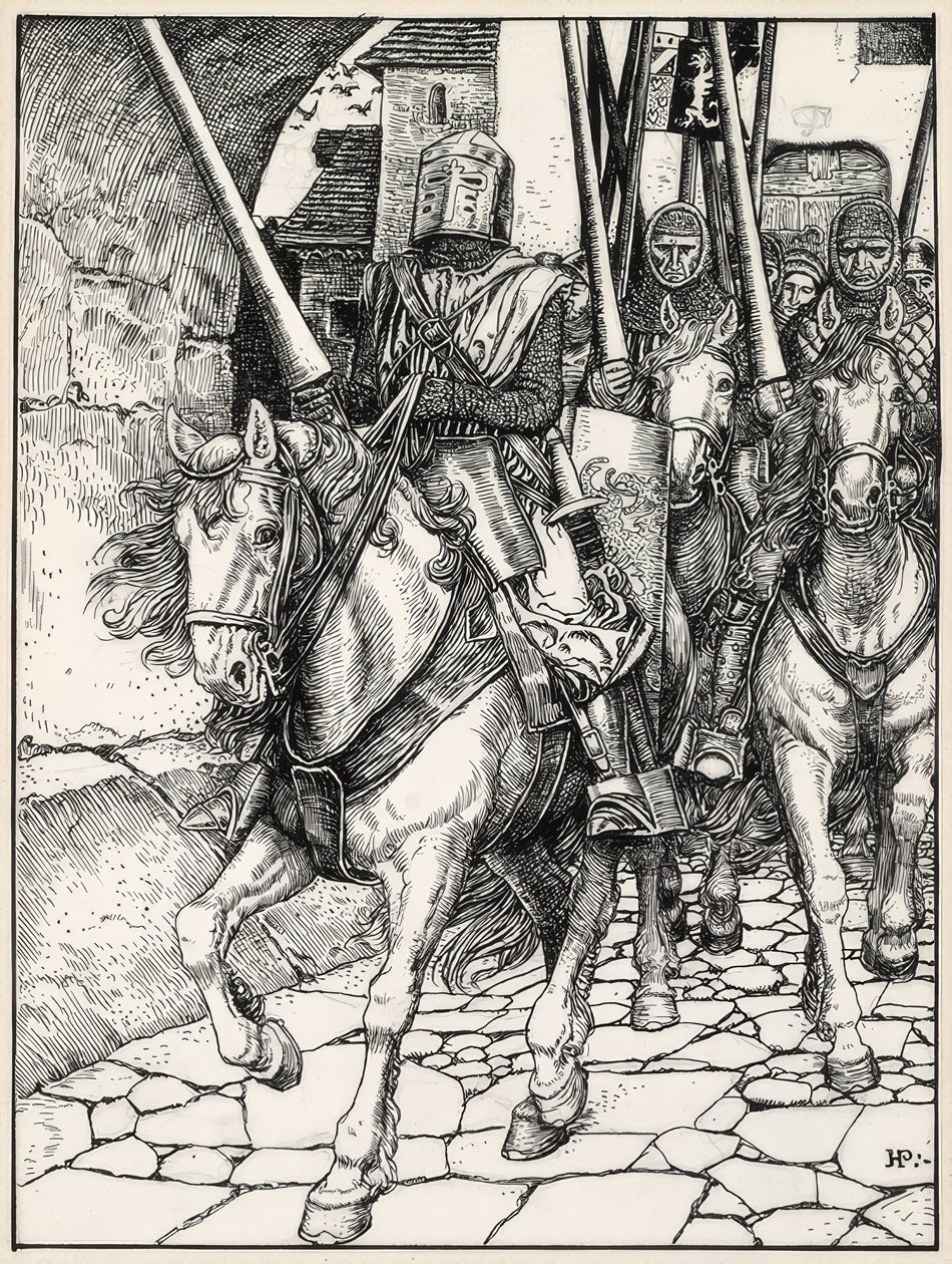 E lá se foram eles, com os cascos a bater e as armaduras a tocar de Howard Pyle