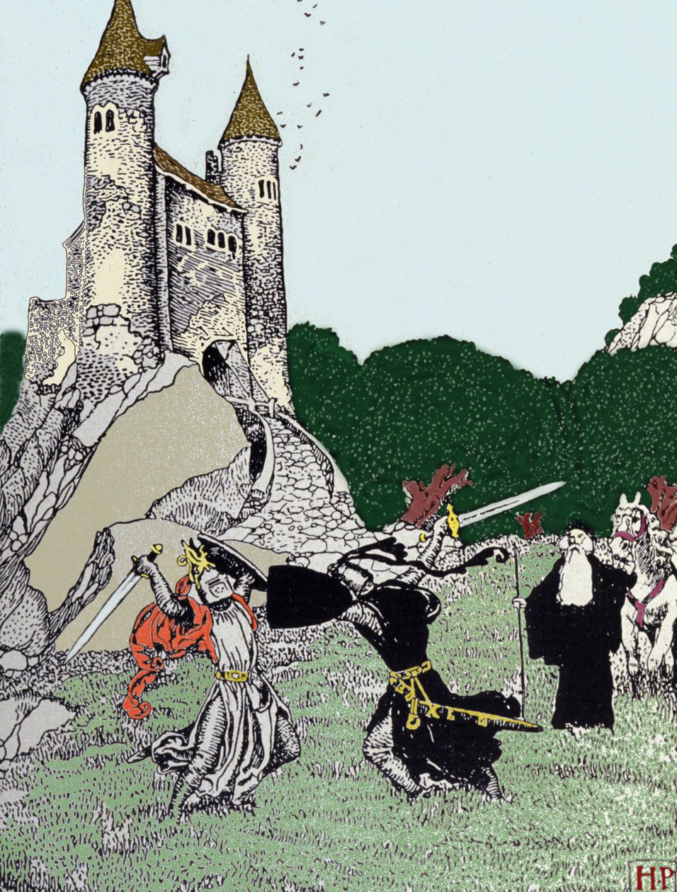 Batalha entre o Rei Artur (Artus) e o cavaleiro negro, na presença de Merlin, o encantador. Ilustração de Howard Pyle (1853 - 1911), ilustrador americano de Howard Pyle