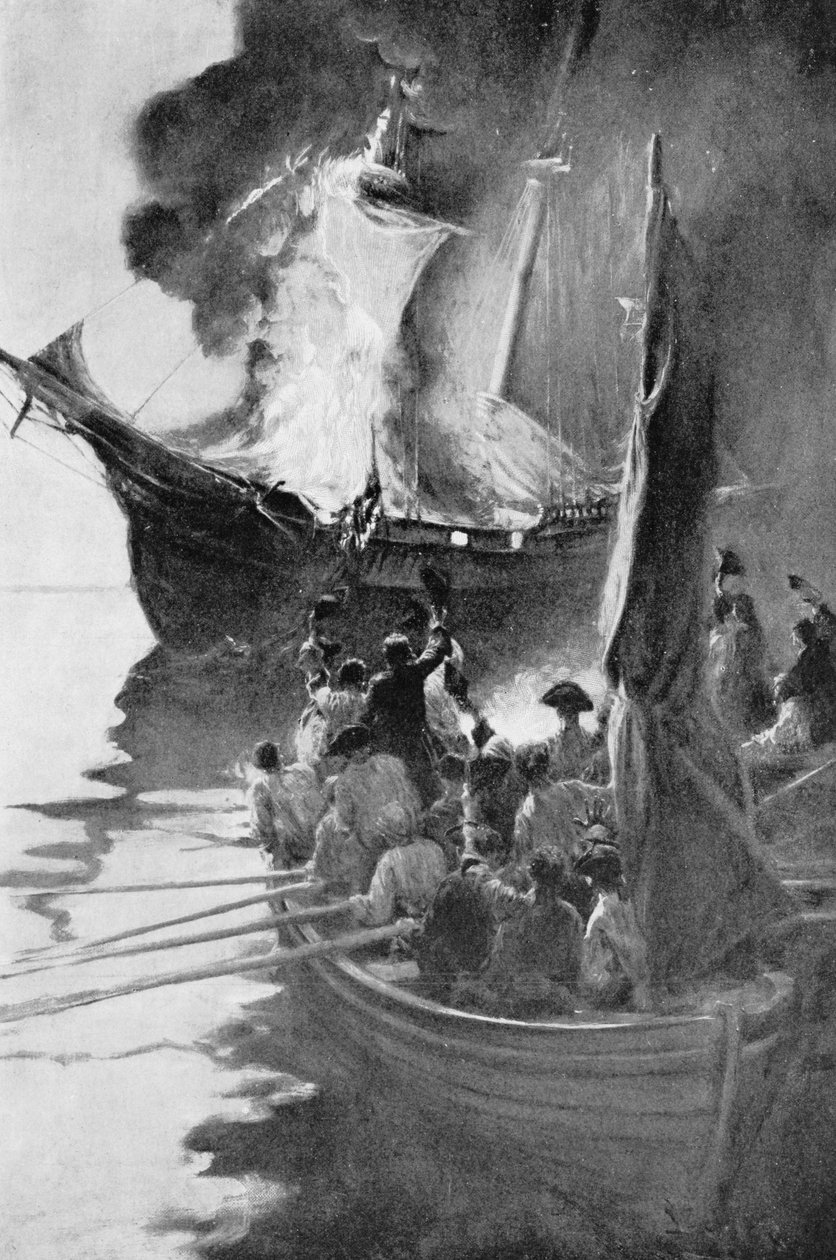 Queimadura do "Gaspee", ilustração das "colônias e nação" por Woodrow Wilson, bar. na revista Harper&39;s, 1901 de Howard Pyle